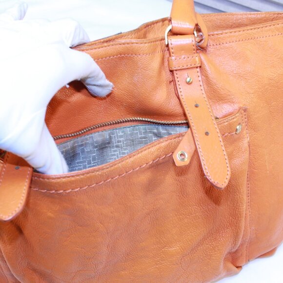 Cole Haan Orange Pebbled Leather Double Braided Handle Footed Large Tote Bag - Picture 6 of 16